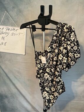 Free People Black and White Floral One-Shoulder Bodysuit